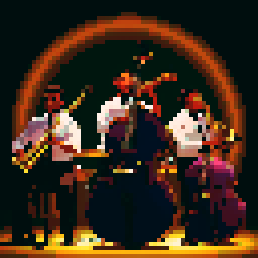 jazz musicians playing instruments, drums, double bass, saxophone, guitar, microphone, setting is a dimly lit bar, backlit, black, dark purple, brown, gold, pixel art style, sRGB