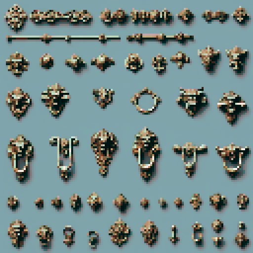 Mechanical pieces from old door knocker and gargoyles. It should be seen as if on a wall, with no perspective, on a solid-color background. There should one be two or three pieces in each frame, it shouldn't be complete.