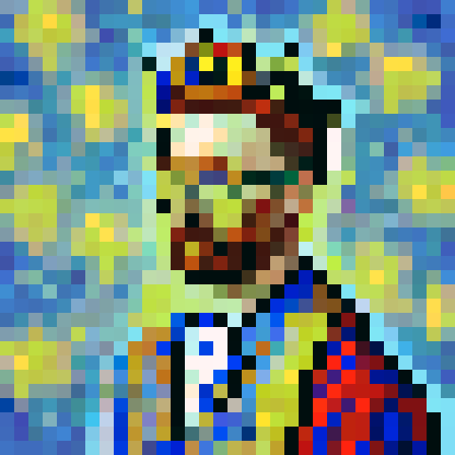 Vincent Van Gogh, king of cryptocurrency, close-up, pixel art portrait capturing his gold Gucci glasses, crown, and Gucci apparel in 32x32 resolution with a skill art style, reminiscent of a game icon