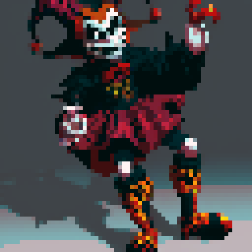 evil jester puppet, dark and twisted, vividly colored, with a mischievous grin, in a mystical, gothic castle