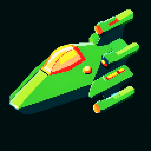 Green spaceship, retro,  low resolution, vibrant colors, geometric shapes, angular design, glowing thrusters, metallic finish, glossy surface, starry background, cosmic atmosphere, sci-fi aesthetic, futuristic, extraterrestrial, otherworldly, nostalgic, video game-inspired
