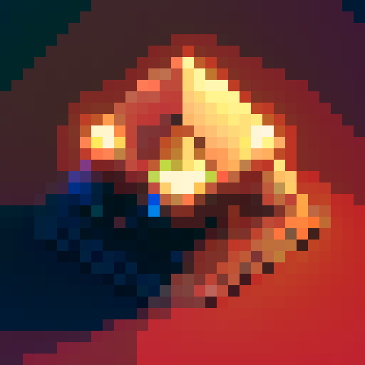 alien spaceship, triangular shape, top down view, vibrant colors, pixel art, glowing lights, metallic exterior, sleek design, futuristic aesthetic, retro-inspired, intricate details, geometric patterns, otherworldly presence, sci-fi atmosphere, red