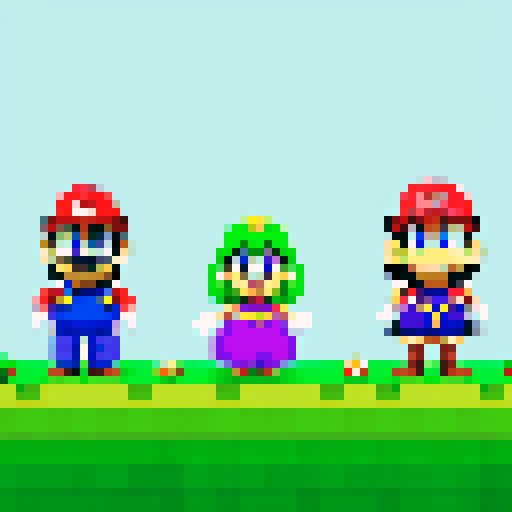The Mario characters Yoshi, Peach, Waluigi, Daisy, and Toad standing together
