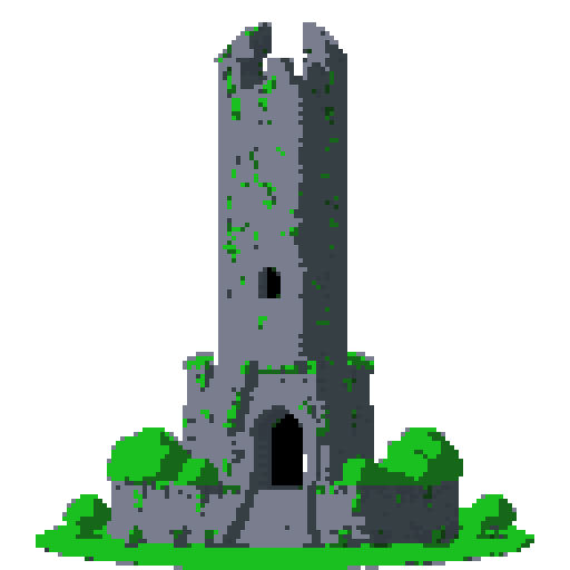 2d grey stone tower in an ancient english style. Old and crumbling but still upright. Green vines crisscross it. Usable as an asset (clear, thick lines and a white background). Put a black stroke around the composition