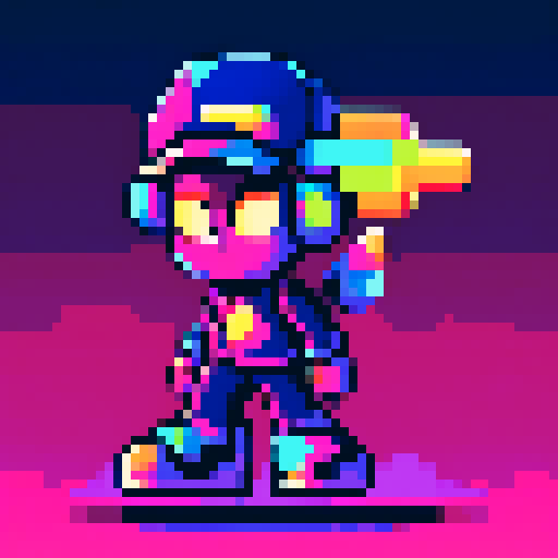 level up icon, pixel art, sRGB, vibrant colors, retro aesthetic, 8-bit style, glowing effect, neon lights, dynamic movement, bold outlines, sharp edges, depth illusion, shining symbols, futuristic elements, sleek design, glossy finish, metallic texture, gradient shading