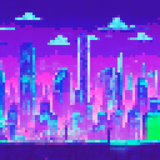 Roaming through a neon-lit cityscape, a vividly-hued dinaurus with rainbow-spiked scales surveys the bustling metropolis from atop a towering skyscraper