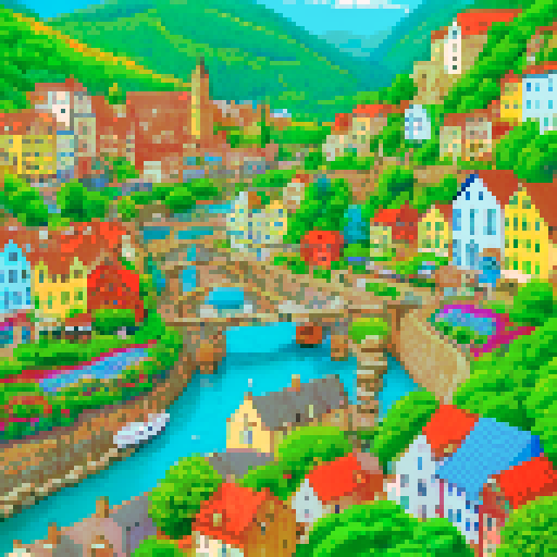 town map, vibrant colors, detailed buildings, winding roads, tall trees, flowing river, rolling hills, quaint shops, bustling market, cozy homes, towering castle, cobblestone streets, lively town square, flickering street lamps, colorful flowers, charming bridges, bustling harbor, distant mountains, clear blue sky