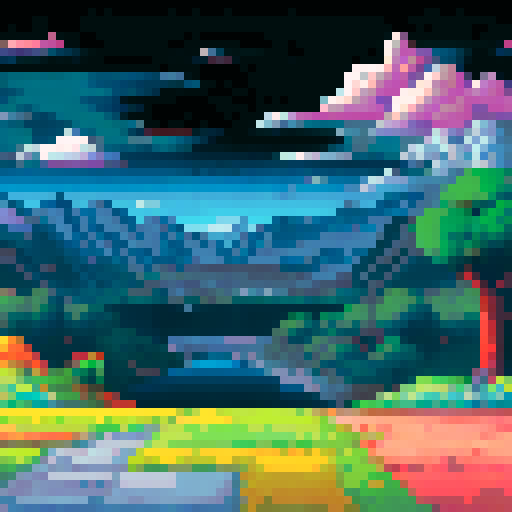 Pixel art landscape with a vibrant sRGB color palette depicting a Pokemon gym in the style of Pewter City