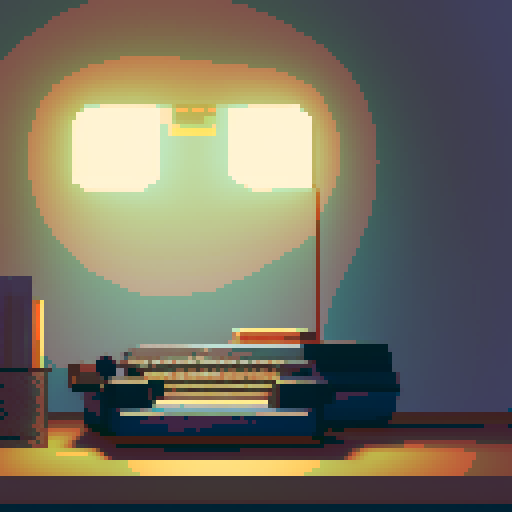 person with glasses, typing on a vintage typewriter, surrounded by stacks of colorful paper, under the warm glow of a desk lamp