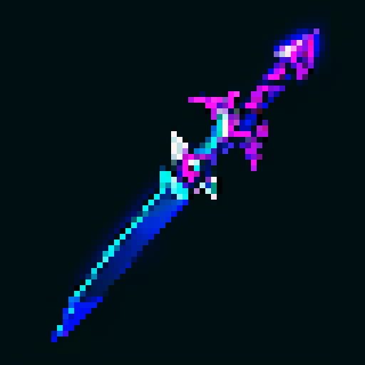rogue's dagger, intricate hilt, gleaming blade, shadowy backdrop, dramatic lighting, vibrant color palette, pixelated details, sRGB color space