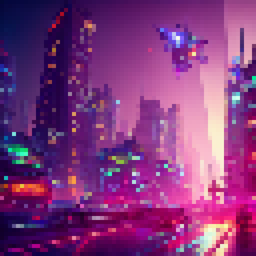 A neon-lit cityscape of towering skyscrapers and flying cars, with a hooded, katana-wielding rogue perched on a rooftop overlooking the bustling metropolis, as a robotic army marches through the streets below.