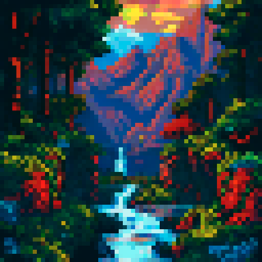 Mountainous terrain with a vibrant sunrise, highlighting the beauty of nature in pixel art with sRGB colors and a detailed landscape background
