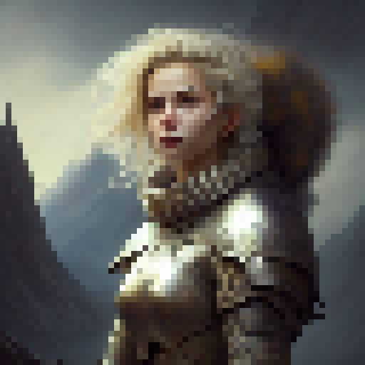 Blonde female knight, stoic expression, medieval armor, wielding a gleaming sword, standing on top of a rocky cliff with stormy clouds in the background, depicted in a realistic art style.