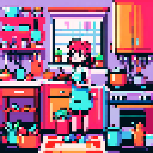 cute, vibrant, and playful, while cooking a delicious meal in a colorful kitchen filled with whimsical utensils and ingredients