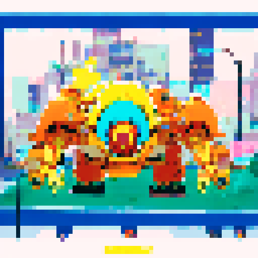 Yellow-skinned Simpsons characters wearing anime-inspired clothing, standing in front of a neon-lit cityscape with giant robot mechs towering behind them