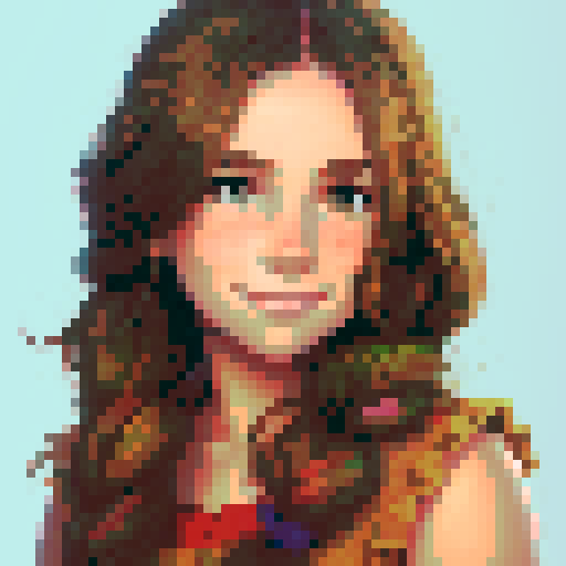 stardew valley-inspired, woman, pixel art, sRGB, vibrant colors, rustic backdrop, braided hair, glowing skin, gentle smile, freckles, rosy cheeks