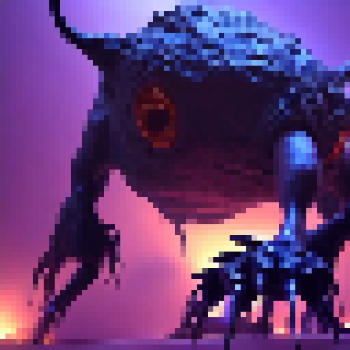  a massive, grotesque creature covered in oozing, pulsating tumors that exude toxic fumes. Its body resembles a nightmarish fusion of multiple animals, with mismatched limbs, twisted horns, and a misshapen head with glowing purple eyes. Its thick hide is almost impervious to physical attacks, and its movements are erratic and unpredictable. Its multiple legs end in razor-sharp claws that can rend through solid rock, and its massive, bulbous abdomen houses a gaping maw lined with rows of serrated