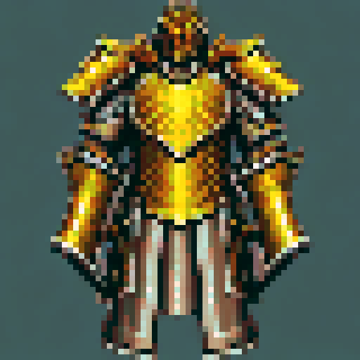 Yellow paladin armor with intricate, gleaming etchings, towering pauldrons, and a sharp, pointed helm, crafted with a stylized, game asset design in mind
