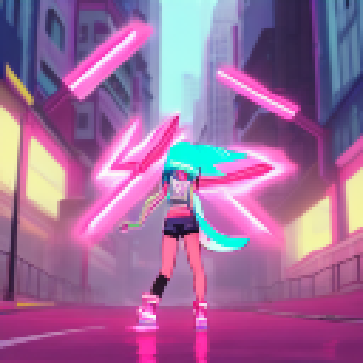 Akali, clad in neon pink and turquoise, sprints through a rain-soaked cityscape, her twin kamas glinting in the flickering street lights, ready to face any foe that dares to cross her path.