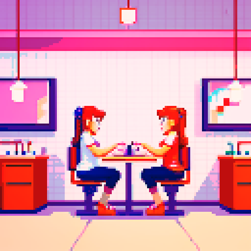 Two girls sitting at a desk in front of each other in a nail salon.