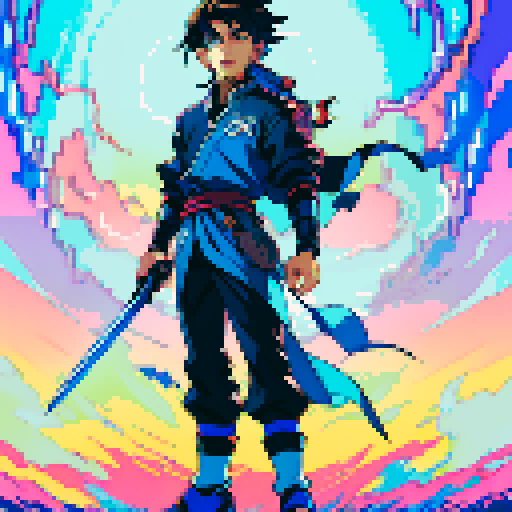 young hero with blue glowing cyber sword shonen with dark hair, astralite, anime game pixel art, A vibrant and colorful RPG-style scene with Super Nintendo graphics, featuring a 16-bit color palette and a resolution of 256x224 pixels