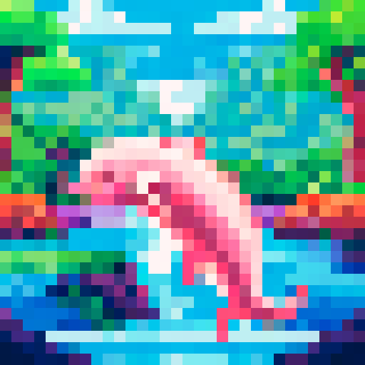 a pink dolphin jumping in a river in the middle of a rainforest