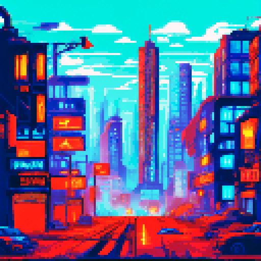 Abandoned skyscrapers looming over cracked concrete streets, rusted metal vines, and gritty neon signs, with towering vinyl platforms for survivors to navigate the desolate cityscape in vibrant pixel art