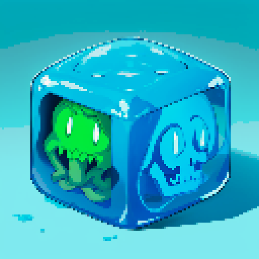 gelatinous cube, blue slime cube, slime, skeleton inside of gelatinous cube