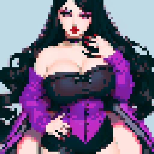curvy, cute, goth girl,  black hair, purple eyeshadow, red lipstick. Nude glamour shot.