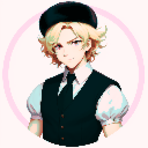 visual novel sprite,  solo male, straight-on, inframe, facing viewer, perfect anatomy, looking at viewer, manly, round pupils, best quality, very aesthetic, {{{{{blonde eyelashes}}}}}, light blonde, smile, closed mouth, light pink eyes, tareme, hair between eyes, ushanka hat, black fur collar, visual novel sprite, black vest, puffy sleeves, black elbow gloves, solo male, sadistic, waist  and up, straight-on, inframe, round eyes, facing viewer, full body, big hair, short hair, perfect anatomy, 