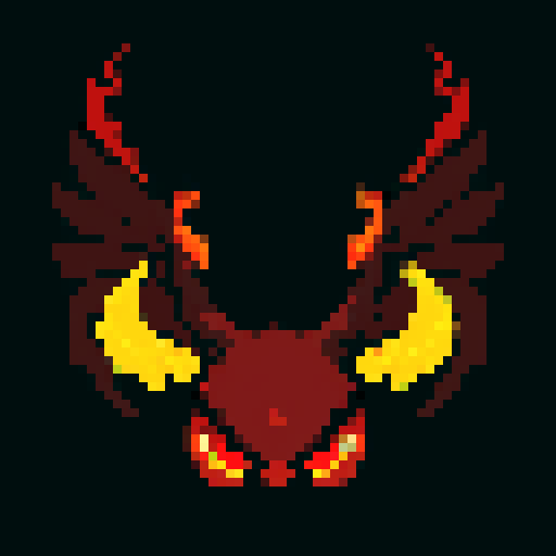A fiery demonic creature with flames flickering on its body, larger wings, and glowing red eyes. It emits a faint glow and has a sinister expression. No background.
