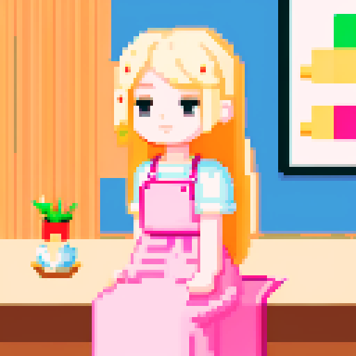 girl with long blonde hair, friend with short brown hair, pink apron, table, nail salon, pixel art, sRGB