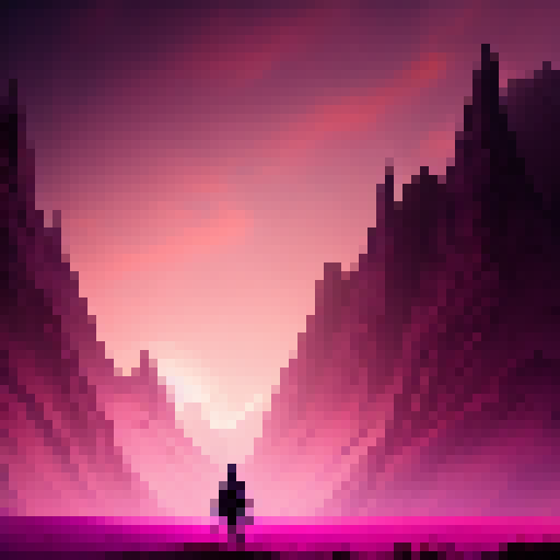 Pink mountain, purple sky, and a dark castle silhouette serve as the backdrop for a sleeping vampire, their body illuminated by neon hues in a fantastical RPG world.
