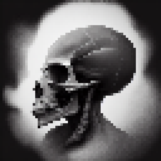 "This pixel art piece depicts a spooky skull surrounded by smoke. The bones of the skull are created with precise, sharp lines that are tightly connected. The eye sockets, nose holes, and other details are accentuated with pixels. Because the skull is portrayed in a large and distinctive manner, the smoke only hovers lightly around it like a veil. The smoke can be in black and white tones and gathered in a slight semicircle above the skull. These details complete the skull's impressive and eerie