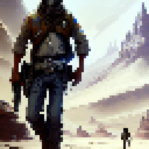 Old west marshal equipped with a sci-fi blaster, with a transparent background, with a moody and muted color palette and a stylized character sprite that fits perfectly into a top-down fantasy RPG game.