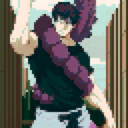 anime male, with vibrant black spiky hair, standing tall in a pixelated world, surrounded by fantastical creature on body in vivid pixel art style