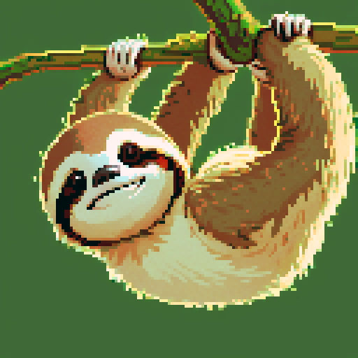 smiling sloth, hanging on branch, pixelated, vibrant colors, sRGB
