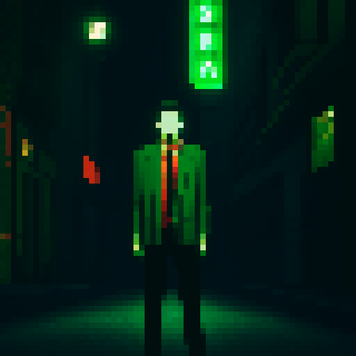 Green-suited detective, cigarette in hand, stands in a dark alleyway, illuminated only by the neon glow of a nearby sign, surrounded by towering skyscrapers and gritty, pixelated graffiti.