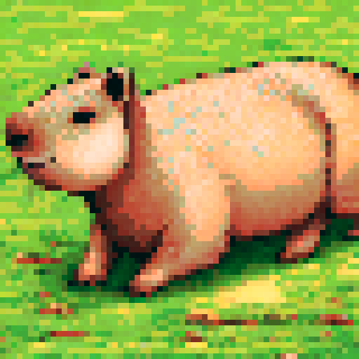 cute capybara, vibrant sRGB, pixel art, lush green background, serene landscape