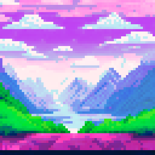 Pixel art mountain range with snow-capped peaks and misty clouds floating above, set against a stunning sRGB background of seamlessly blended purple and pink hues