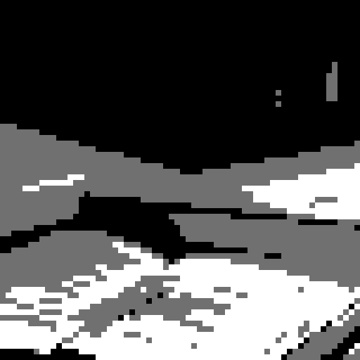 As you approach the bar counter, its wooden surface rough and pixelated. Resting on the worn wood is an old, tattered book. dark neo style