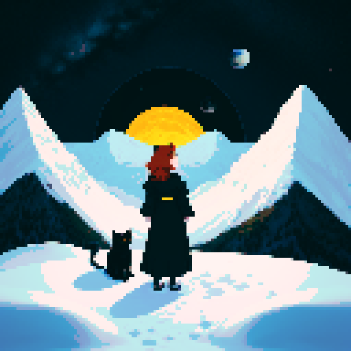 Woman with auburn hair and a black cat with yellow eyes in between towering, snow mountains in space