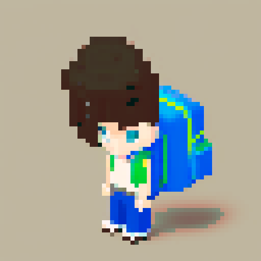 A single sprite of a young boy with a backpack on, pixel art, facing the camera, with a plain expression. His eyes are blue and his hair is brown. His backpack is red. He's wearing green hiking pants with brown shoes. He is standing in front of a plain white wall.