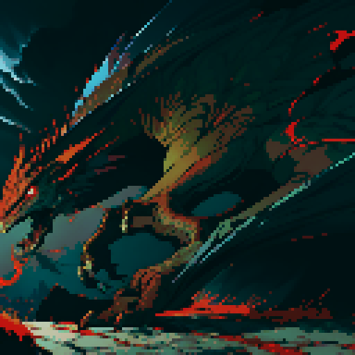 red dragon, fiery scales, sharp claws, fierce expression, towering presence, detailed pixel art, vibrant colors, textured scales, intricate patterns, glowing eyes, majestic wings, powerful tail, smoke billowing from nostrils