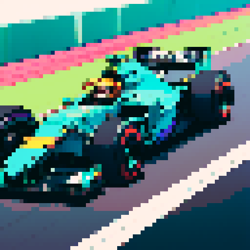 Formula 1 driver, vibrant colors, dynamic lines, pixelated car, race track, high-speed motion, retro aesthetic, sRGB palette, pixel art style