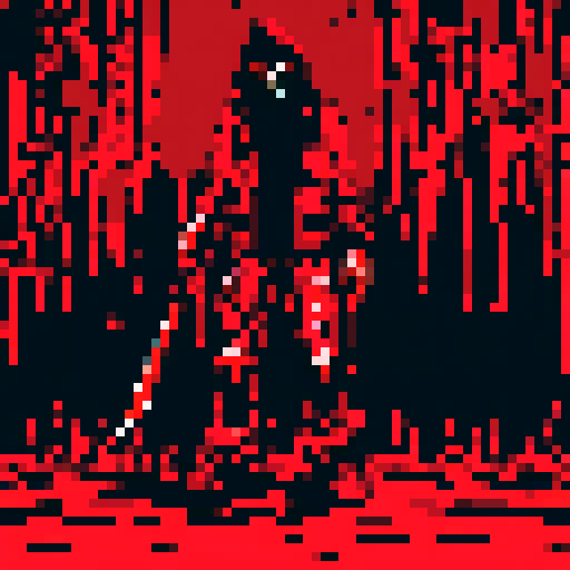 blood splatters, gory mess, pixelated gore, vibrant reds, intense contrast, gruesome scene, low-resolution violence, graphic horror, jagged edges, brutal carnage, digital bloodstains, macabre details, textured viscera, animated gore, dark and gritty pixelation