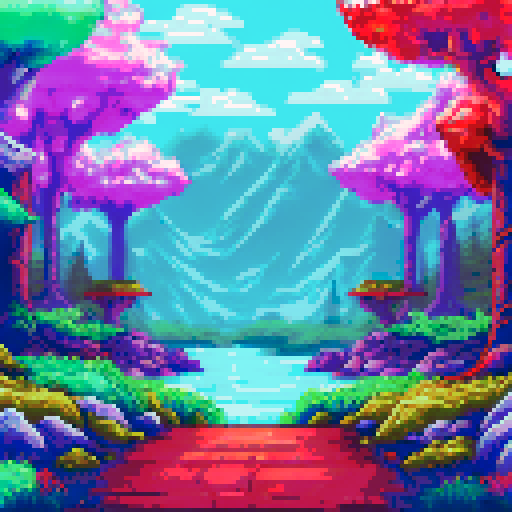 forest scene, with trees and rocks, cheery blossoms and pine trees, mountains in the background falling leaves