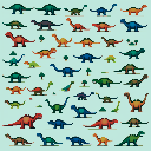 a collection of various dinosaur sprites tessellated into each other modern cross stitch style muted natural tones 