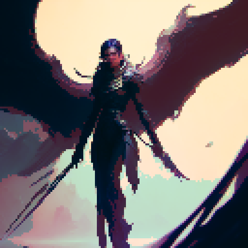 Full-body final Boss with long thin sword and flowing black hair, angel wing, demon wing.