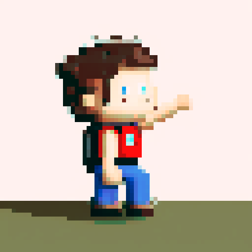 A single sprite of a young boy with a backpack on, pixel art, facing the camera, with a plain expression. His eyes are blue and his hair is brown. His backpack is red. He's wearing green hiking pants with brown shoes. He is standing in front of a plain white wall.